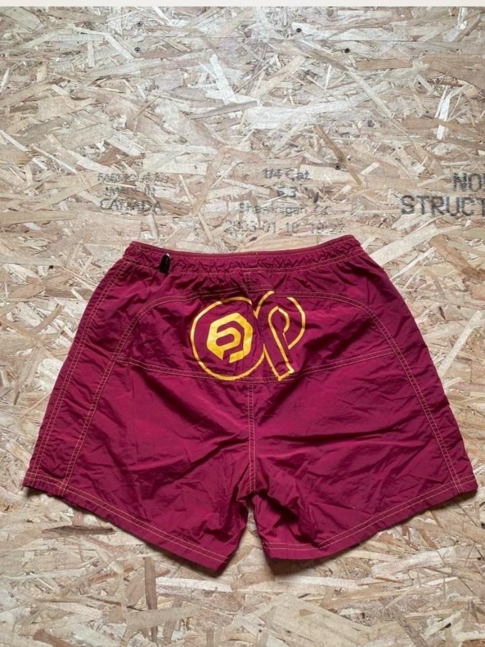 Burgundy Y2K OP Swim Shorts with Yellow Logo